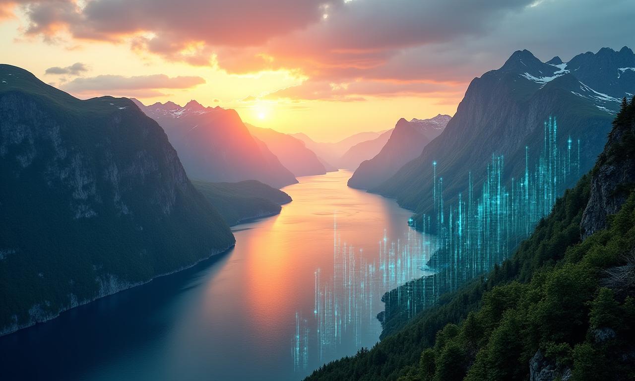 Abstrakte datavisualiseringer over et vakkert norsk fjordlandskap, symboliserer fremtidens reiseteknologi.