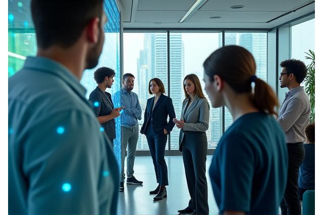 Diverse team som samarbeider i et futuristisk kontormiljø med globale tilkoblingsgrafikker